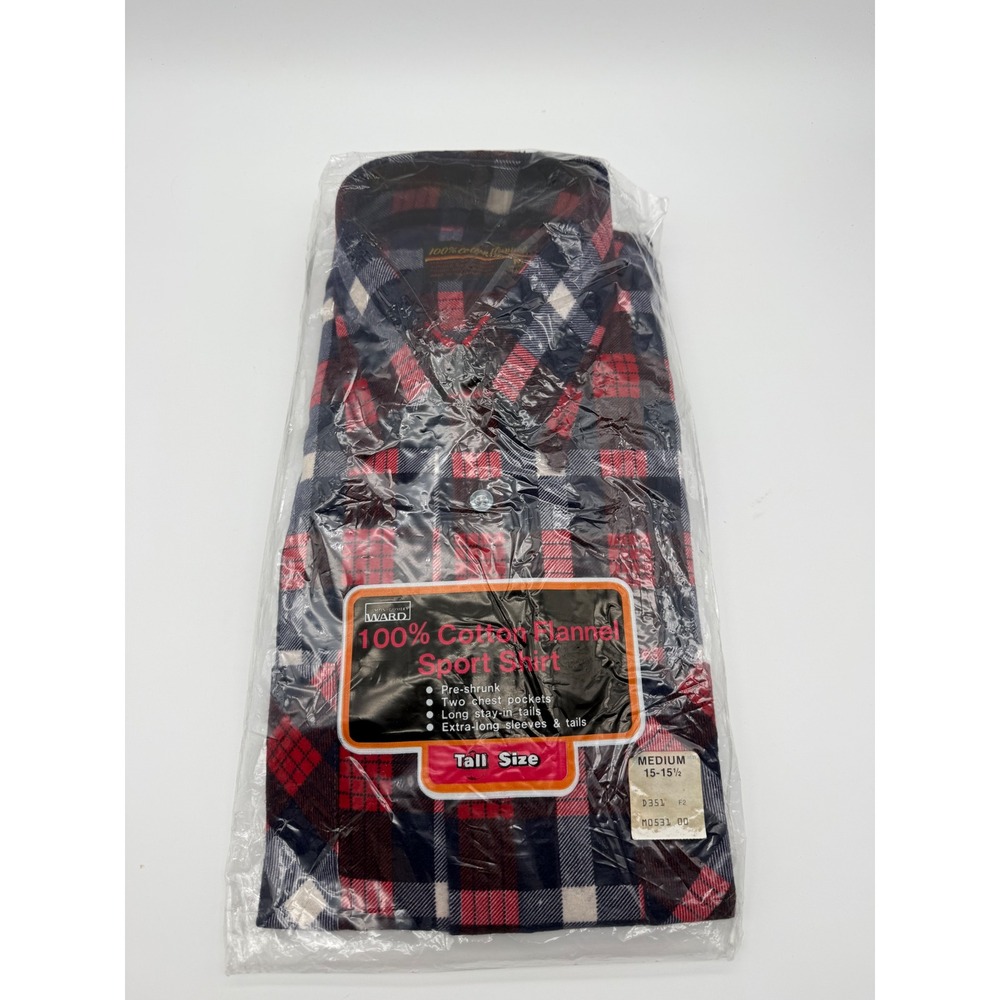 Vintage Montgomery Ward Flannel Shirt Mens Medium Tall Red Navy Blue Plaid‎ NEW